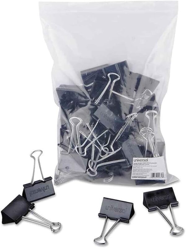 Universal 10220VP Large Binder Clips, Zip-Seal Bag, 1-Inch Capacity, 2-Inch Wide, Black, 36/Bag