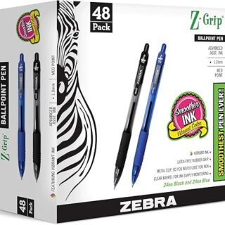 Zebra Pen Ballpoint - Bulk Pack Of 48 Z-grip Retractable Medium Point 1.0 mm, 24 Black Pens & 24 Blue Pens Combo Pack